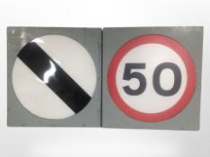 Two road signs, width 66cm.