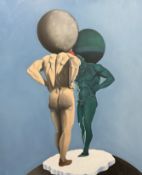 Jan J : Nude figure study depicting Atlas, oil on canvas, 81cm x 100cm.
