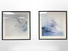 A pair of contemporary abstract colour prints, each approximately 58cm x 58cm.