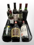 Nine assorted bottles of alcohol including port, wine, Tia Maria, etc.