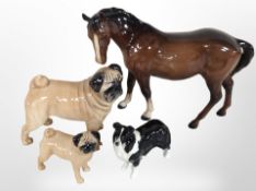 A Beswick brown gloss horse, together with two pugs and a border collie, tallest 17cm.