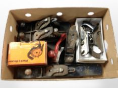 A quantity of woodworking planes including Stanley and Record, Black & Decker drill converter.