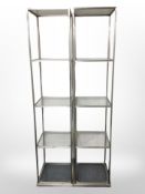 A pair of metal and glass open shelves, each 42cm wide x 42cm deep x 200cm high.