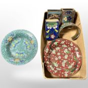 A small group of cloisonné items including matchbox holders, bangle, three dishes.
