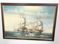 J Harvey (Contemporary) : Warships exchanging cannonfire, oil on canvas, 60cm x 90cm.