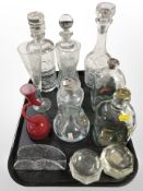 A group of Danish glass decanters including Holmegaard, red twist-glass candlestick,