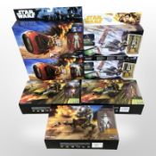 Seven Hasbro Disney Star Wars figurines including Assault Walker, Rey's Speeder (Jakku), etc.