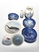 A quantity of Bing & Grøndahl blue and white plates, further figure of a salmon,