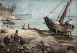 H Oetlinger : Fishing boat on a shore, oil on board, 99cm x 69cm.