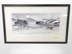 J E Ward (Contemporary) : Sailing boats moored in calm waters. watercolour, 23cm x 48cm.