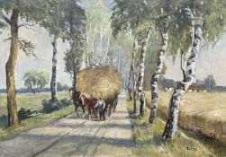 Danish school : Farmer with hay cart, oil on canvas, 99cm x 68cm, indistinctly signed.