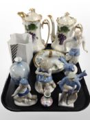 Two Austrian porcelain teapots, a Bing & Grøndahl angular porcelain vase, Scandinavian figurines,