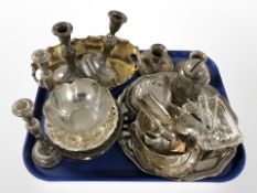 Assorted silver plate including three pairs of candlesticks, money box, salver, teaspoons, etc.