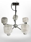 A chrome five scone pendant light fitting with glass shades