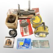 A group of tools and hard ware, Power Devil mitre saw, fishing reel, 110-volt transformer, etc.