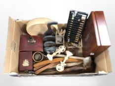 A group of treen items, 1970s teak clothes hangers, abacus,