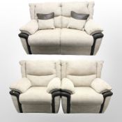 A Lazy Boy three piece lounge suite in oat meal coloured fabric,
