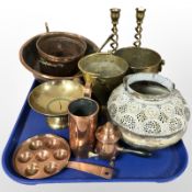 A group of brass and copper wares, pair of twist-stem candlesticks, kitchenalia.