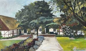 H Lundstrom : Study of a cottage by trees, oil on canvas, 54cm x 32cm.