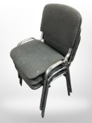 Three chrome framed stackable office chairs