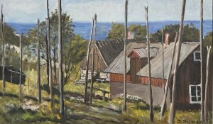 S Clander : Boathouses by a lake, oil on canvas, 54cm x 32cm.