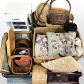 A group of wicker baskets, gilt-framed prints, pine dough trough, needlework cushions,