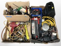 Assorted hand and power tools, tile cutter, paint brushes,