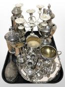 A group of silver-plated teapots, tankard, salver, candelabrum, etc.
