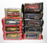Nine Burago 1/24 and 1/25 scale die-cast vehicles.