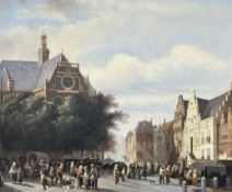 Dutch school : Figures in a market square, oil on canvas, 60cm x 49cm.