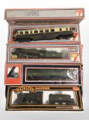 Five boxed OO gauge locomotives and passenger cars by Mainline and Lima,