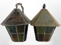 A pair of leaded glass hanging lanterns, height 27cm.