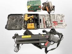 A garden leaf blower, DeWalt drill, cased multi-tool set and other tools.