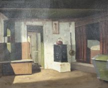 J Rasmussen : Salon interior, oil on canvas, 49cm x 39cm.