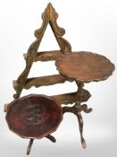 A Scandinavian carved beech triangular wall shelf and two occasional tables