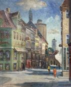 K Werner : Figures in a marketplace, oil on canvas, 47cm x 57cm.