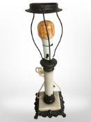 A pewter and alabaster lamp base (continental plug), height 48cm overall.