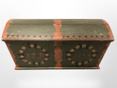 A 19th century Scandinavian painted pine domed topped blanket chest dated 1835,