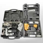 A Trend router, together with a Bostitch nail gun, both parts cased.