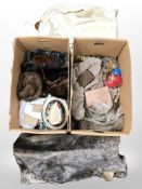 A group of fur hats and stoles, synthetic fur coat, lady's purses and bags,