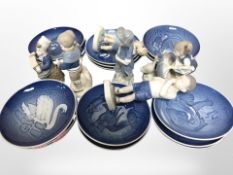 A collection of Bing & Grøndahl blue and white collector's plates, further continental figurines,