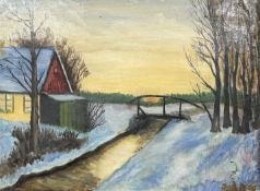 Danish school : A bridge by a stream at sunset, oil on canvas, 49cm x 36cm.