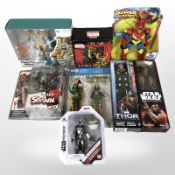 Eight Hasbro and other figurines including Marvel, Star Wars, Power Rangers, etc., boxed.