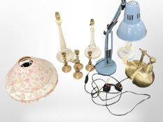 Two contemporary angle-poise lamps, other lamp bases, brass candlesticks.