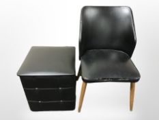A black vinyl storage cube stool and similar chair