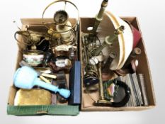 A group of lamp bases, pendant light fitting, pair of candlesticks, carnival glass dishes,