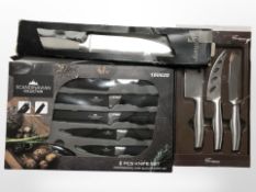 A boxed six-piece knife set, further chesse knife set, and chef's knife.