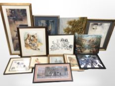 A group of pictures and prints, unframed oil on canvas,