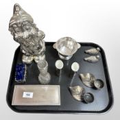 A group of silver-plated wares, a silver-finished gnome, cigarette box,