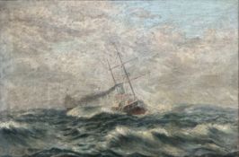 Danish school : Trawler in high seas, oil on canvas, 85cm x 57cm.